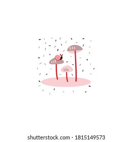 Three mushrooms and snail. Vector cartoon flat illustration on white background 