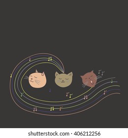 Three music cat on black background sing a song