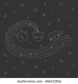 Three music cat on black background sing a song. monochromic