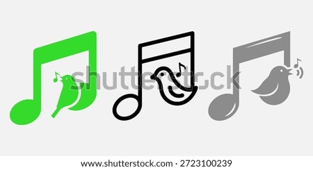 Three music note icons with birds singing, in green, black, and gray colors.