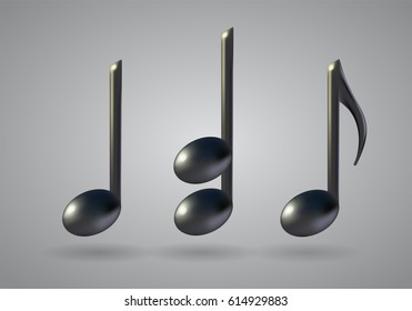Three music note icons on grey background. 3d realistic vector set created with gradient mesh.