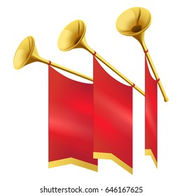 Three Musical golden trumpet decorates red flags on white background. Fanfares and music on way out vector illustration.