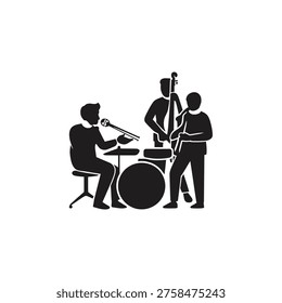 Three musicians a man on drums, upright bass and guitar silhouette