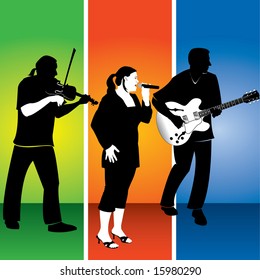 three musicians on colorful backgrounds