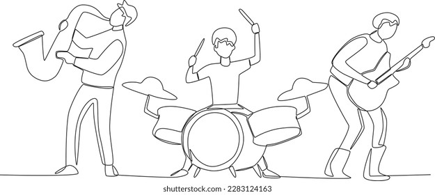 Three musicians performing on the Music band one-line drawing