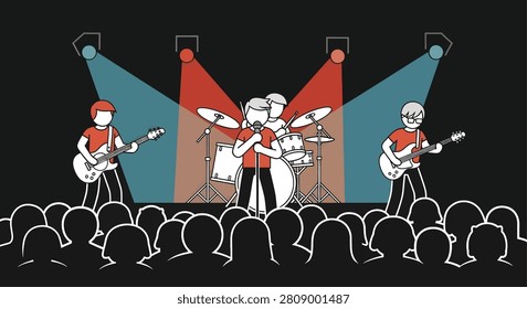 Three musicians playing guitars and drums