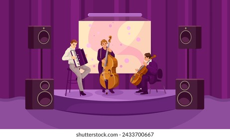 Three musicians playing instruments on stage in front of a large audience. Scene is lively and energetic, as the musicians are performing for a crowd. Vector illustration