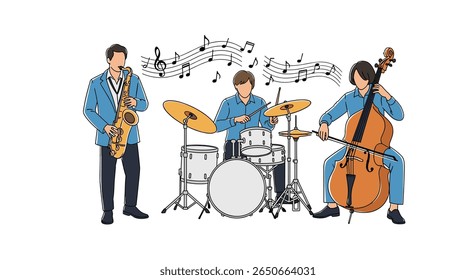 Three musicians playing jazz instruments together creating beautiful live music together