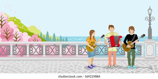 Three musicians in spring nature