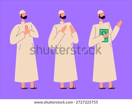 Three Muslim Men Showing Devotion and Prayer Flat Illustration