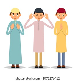  Three Muslim men stand and pray. The performance of Muslim prayer by men with raised hands. Illustration in flat style. Isolated. 
