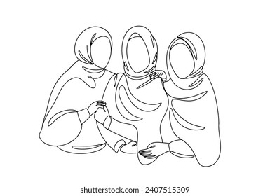 Three Muslim women in hijabs. Head covering is mandatory in Muslim culture. World Hijab Day. Aesthetics of Islam. Images produced without the use of any form of AI software at any stage. 