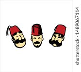 Three Mustache Man with Turkish Fez. Vector Illustration.
