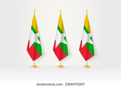 Three Myanmar flags in a row on a golden stand, illustration of press conference and other meetings. Vector illustration.