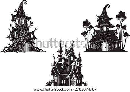 Three mystical black and white vector silhouettes featuring whimsical fairytale elf witch houses