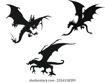 drei mystische Drachen fliegen über Silhouetten auf Schwarz-Weiß