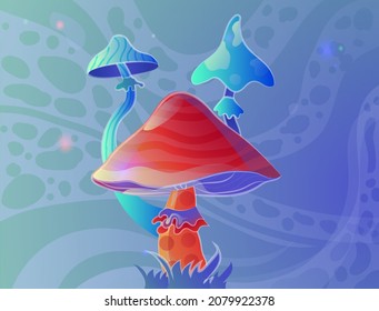 Three mystical mushrooms. Nature, biology, flora. Magic plants, colorful objects. Alchemy, whitchcraft, three objects, vivid, bright, colorful, floral, red and blue. Cartoon flat vector illustration
