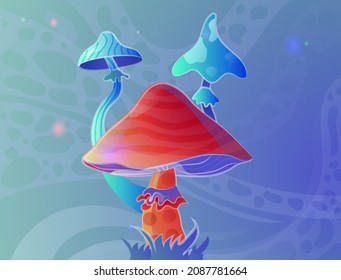 Three mystical mushrooms. Nature biology flora. Magic plants, colorful objects. Alchemy, whitchcraft, three objects, vivid bright colorful, floral, red and blue. Cartoon flat vector illustration