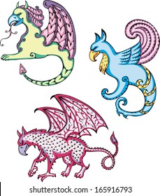 Three mythic griffins. Set of color vector illustrations.