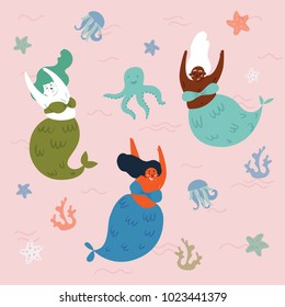 Three mythical creatures under the sea are having fun. Mermaids and octopus in the water. Sea or ocean environment. Fish woman are swimming together. Underwater fantasy world. Vector illustration