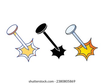 Three nail stab on plain background. Vector icon silhouette illustration set collection isolated on square white background. Simple flat minimalist cartoon art styled drawing.