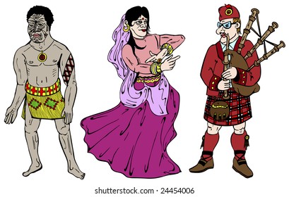 Three nationalities in traditional dresses in vector illustration