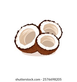 Three Natural Coconut Halves on White Background,Looking Very Fresh and beautiful in their Original Color.