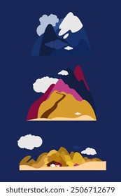 Drei natürliche Objekte in der Landschaft. Dorf in der Wüste, schneebedeckte Berggipfel, Straße in die Hügel. Vektorgrafik.