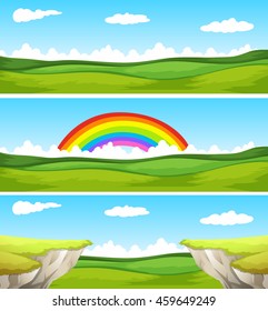 Three nature scene with field and cliff illustration