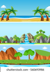 Three nature scenes with different landforms illustration