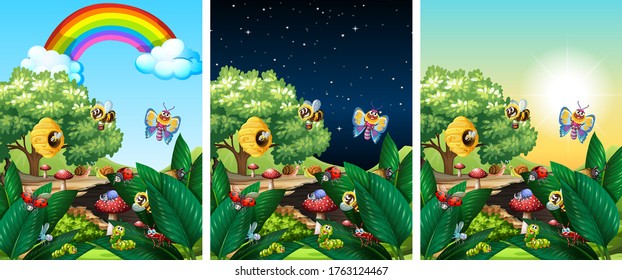 Tres escenas naturales con diferentes ilustraciones horarias