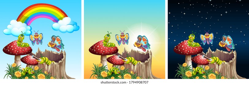 Tres escenas naturales con diferentes ilustraciones horarias