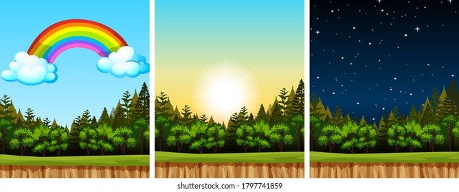 Three nature scenes with different times illustration