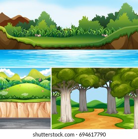 Tres escenas de la naturaleza con ilustraciones de ríos y carreteras