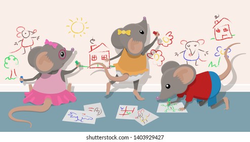 Three naughty juvenile mice cause mischief by drawing on the walls with pens and crayons.