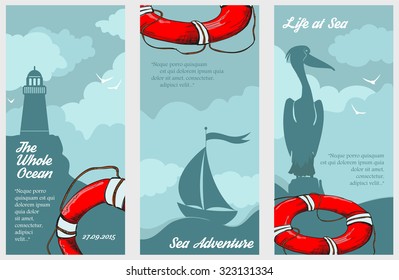 three nautical banners with lighthouse, sailboat and pelican, vector illustration