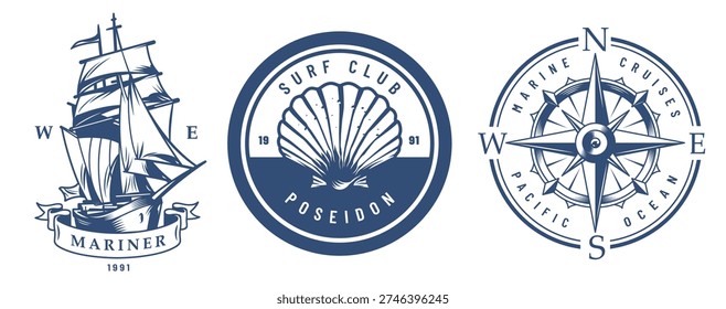Three nautical designs are placed next to each other. The first is a ship sailing. The second features a shell and a club name. The third is a compass with directions.