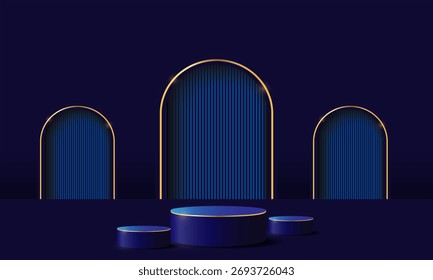 Tres podios cilíndricos de color azul marino con adornos dorados, sobre fondos arqueados con líneas de color azul Vertical y contornos dorados.