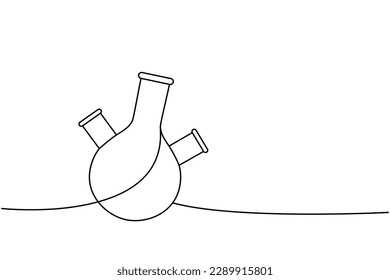 Three neck round bottom flask one line continuous drawing. Laboratory glass equipment continuous one line illustration. Vector linear illustration.