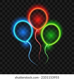 Tres globos de neón aislados en fondo transparente, ilustración vectorial.