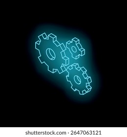 Three neon blue isometric gears rotating on a dark background, symbolizing engineering, teamwork, and precision