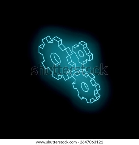 Three neon blue isometric gears rotating on a dark background, symbolizing engineering, teamwork, and precision
