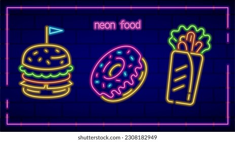 Three neon fast food icons, burger, donut and shawarma, glowing signs, illuminated vector design decorations.