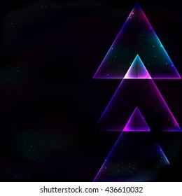 Three neon glowing triangle soap in retro style on a space background, lined up vertically.