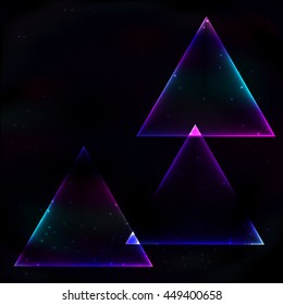 Three neon glowing triangle soap in retro style on background of the cosmos.