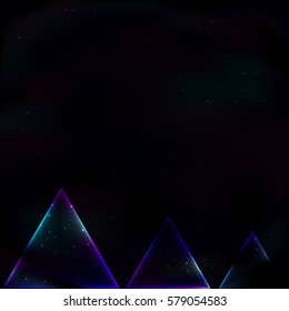 Three neon glowing triangle soap in retro style on a space background, lined up in descending order.