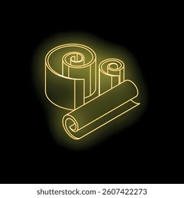 Three neon yellow wallpaper rolls glowing on a black background, representing home improvement and interior design