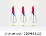 Three Nepal flags in a row on a golden stand, illustration of press conference and other meetings. Vector illustration.