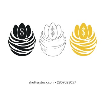 Three nest with dollar eggs in black white and gold colors