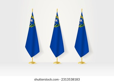 Three Nevada flags in a row on a golden stand, illustration of press conference and other meetings. Vector illustration.